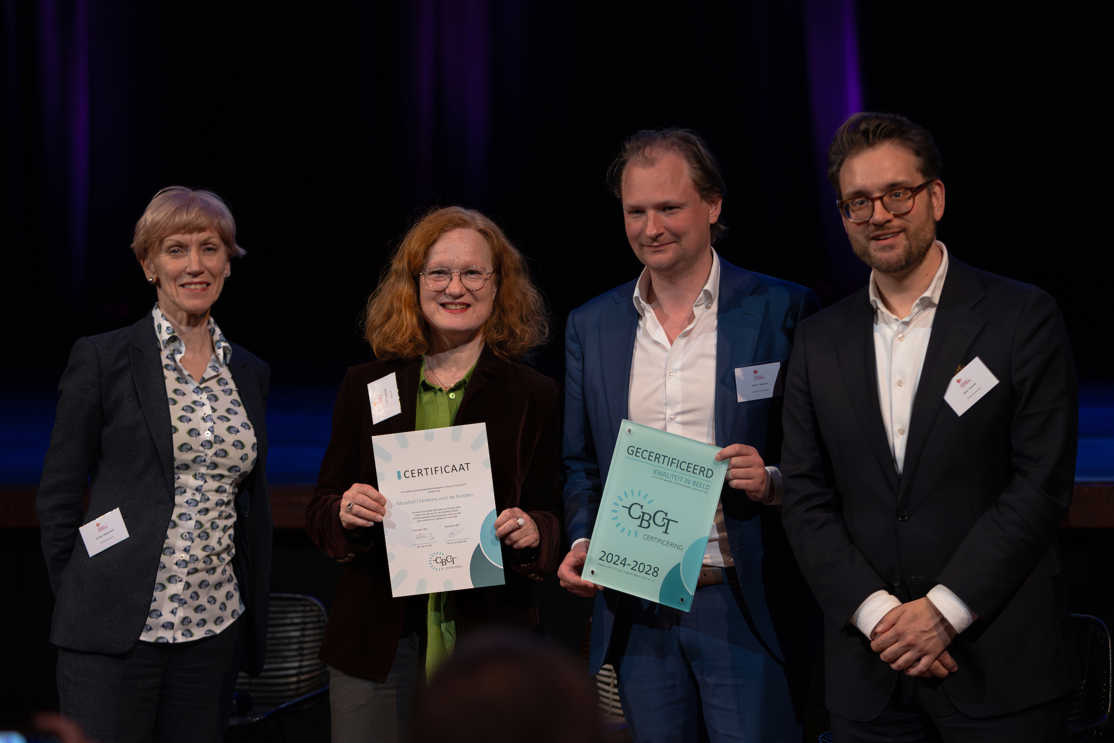 V.l.n.r. : Jantien Westerveld, voorzitter Cultuurconnectie, Lisette Lagerweij, directeur Muzehof, Sjoerd Wannet, wethouder Zutphen en Ryan Emmen, directeur Cultuurconnectie.
